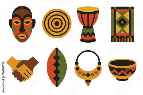Geometric Kwanzaa Icons. Cultural Kwanzaa set of icons in geometric flat vector. African mask, woven basket, djembe drum, traditional textile, handshake symbol, African shield