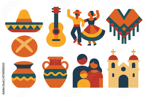 Las Posadas Icons. Cultural Las Posadas set of icons in geometric flat vector. Sombrero, guitar, folk dancers, poncho, traditional bread, clay pot, family gathering, church facade