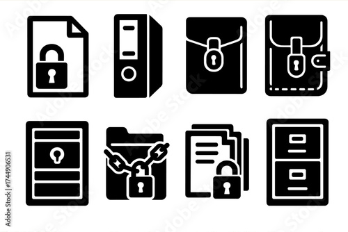 Iconic File Locks. Classic File Locks set of icons silhouette. Paper file with padlock, binder file with key lock, office file with clasp lock, vintage leather file with lock