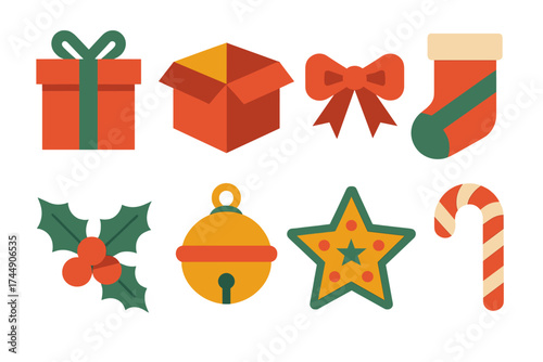 Festive Holiday Icons. Classic Boxing Day set of icons in geometric flat vector. Wrapped gift box, open present, ribbon bow, festive stocking, holly leaves, sleigh bell, decorated