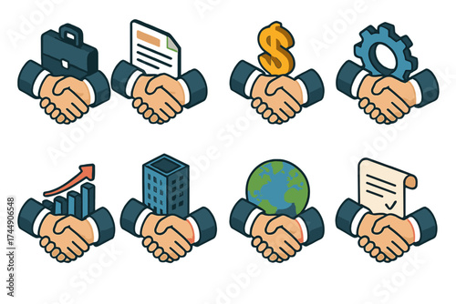 Isometric Handshake Icons. Business Handshake set icons in flat vector style. Handshake with briefcase, handshake with contract, handshake with dollar sign, handshake with gear