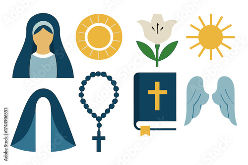 Immaculate Icon Set. Classic Immaculate Conception set of icons in geometric flat vector. Virgin Mary silhouette, shining halo, white lily flower, radiant sun, blue mantle icon