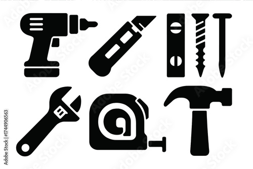 DIY Tools Icons. DIY Essentials set of icons silhouette. Drill, utility knife, level, screws, nails, adjustable wrench, tape measure, hammer