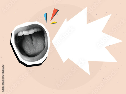 Screaming open mouth with an empty speech bubble. Modern collage style. Vector illustration