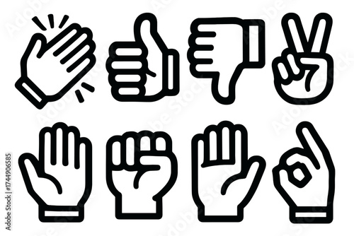 Bold Hand Gestures. Hand Gestures set of icons silhouette. Clapping hands, thumbs up, thumbs down, peace sign, high five, fist, open hand, OK sign
