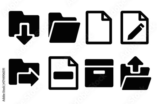 Brutalist File Icons. File Management set of icons silhouette. Download, open, new file, edit, move, rename, archive, export