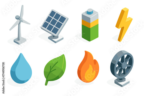 Isometric Energy Icons. Energy Icons set icons in flat vector style. Wind, solar panel, battery, lightning, water drop, leaf, fire, turbine