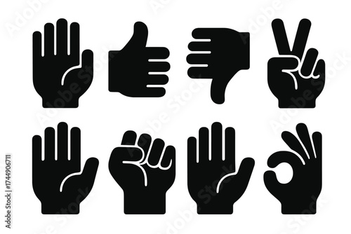 Bold Hand Gesture Icons. Hand Gestures set of icons silhouette. Raised hand, thumbs up, thumbs down, peace sign, high five, fist, open hand, OK gesture
