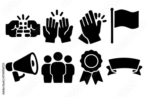 Brutalist Team Icons. Team Spirit set of icons silhouette. Fist bump, high five, clapping hands, flag, cheer megaphone, group of people, ribbon, banner