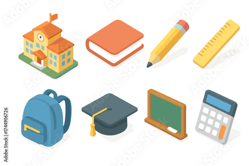 Isometric Education Icons. Education Icons set icons in flat vector style. School building, book, pencil, ruler, backpack, graduation cap, chalkboard, calculator