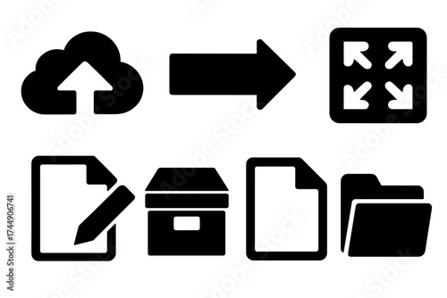 Brutalist File Icons. File Management set of icons silhouette. Cloud upload, import, export, move, rename, archive, new file, open