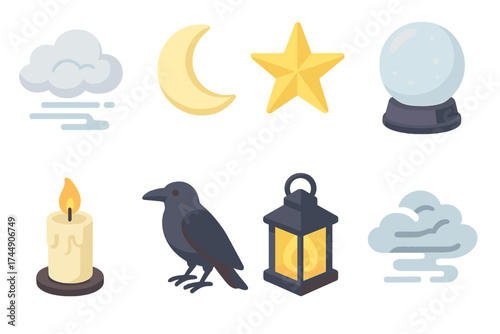 Mystical Icons Collection. Mystical Set set icons in flat vector style. Fog, moon, star, crystal ball, candle, mist, raven, lantern