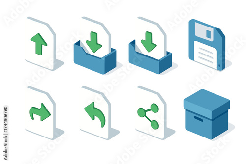 File Action Icons. File Actions set icons in flat vector style. Arrow up, upload, download, save, export, import, share, archive