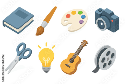 Isometric Creative Icons. Creative Set set icons in flat vector style. Notebook, paintbrush, palette, camera, scissors, light bulb, guitar, film reel