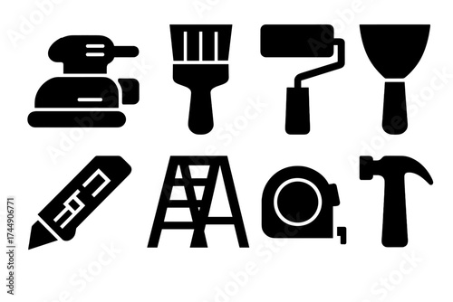 DIY Tool Icons. DIY Renovation Kit set of icons silhouette. Sander, paintbrush, roller, scraper, utility knife, ladder, tape measure, hammer