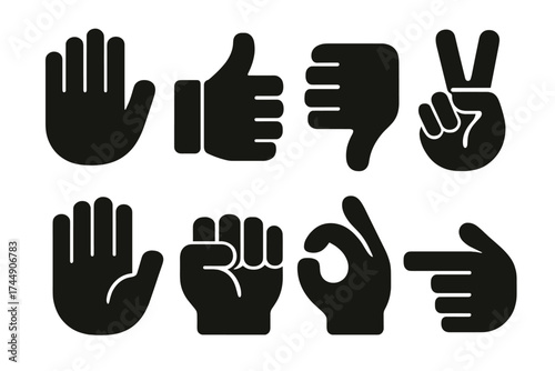 Brutalist Hand Icons. Hand Gestures set of icons silhouette. Open palm, thumbs up, thumbs down, peace sign, high five, fist, OK gesture, pointing finger