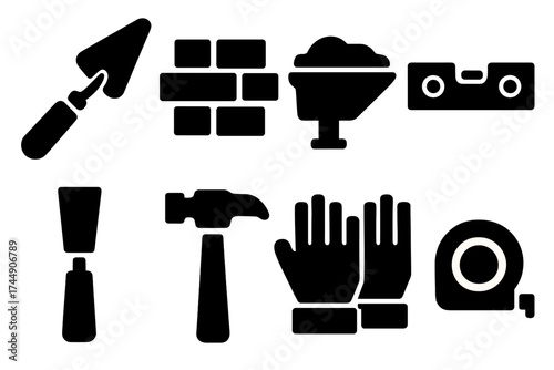 Masonry Tools Icons. Masonry Tools set of icons silhouette. Trowel, brick, mortar, level, chisel, hammer, gloves, measuring tape
