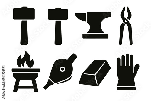 Blacksmith Icons Set. Blacksmith Workshop set of icons silhouette. Mallet, hammer, anvil, tongs, forge, bellows, metal ingot, gloves