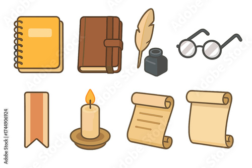Isometric Journal Icons. Journal Icons set icons in flat vector style. Notebook, diary, quill, ink bottle, glasses, bookmark, candle, scroll
