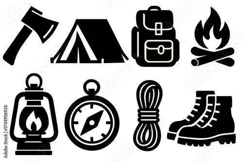 Brutalist Camping Icons. Camping Equipment set of icons silhouette. Axe, tent, backpack, campfire, lantern, compass, rope, boots