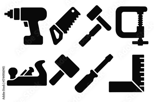 Bold Carpentry Icons. Carpentry Tools set of icons silhouette. Drill, saw, chisel, clamp, plane, mallet, screwdriver, ruler