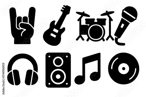 Brutalist Music Icons. Music Icons set of icons silhouette. Rock on sign, guitar, drum set, microphone, headphones, speaker, music note, vinyl record