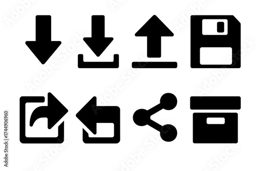 Bold Vector File Icons. File Actions set of icons silhouette. Arrow down, download, upload, save, export, import, share, archive