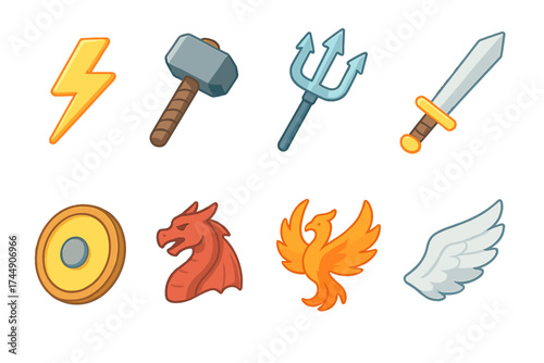 Modern Mythology Icons. Mythology Icons set icons in flat vector style. Lightning, hammer, trident, sword, shield, dragon, phoenix, wing