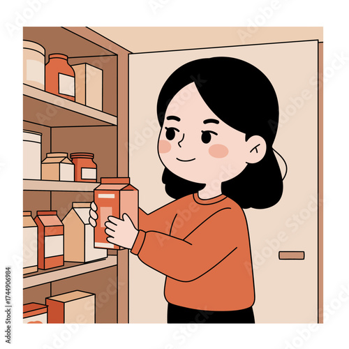 Cute Cartoon Woman Taking Box from Pantry Shelf Illustration