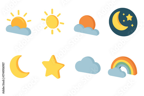Isometric Weather Icons. Daily Cycle set icons in flat vector style. Sunrise, noon sun, sunset, night sky, moon, star, cloud, rainbow, Weather Icons set icons in flat vector style.