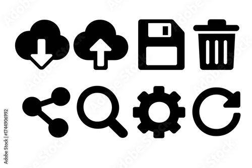 Brutalist Icon Set. Digital Icons set of icons silhouette. Cloud download, upload, save, delete, share, search, settings, refresh