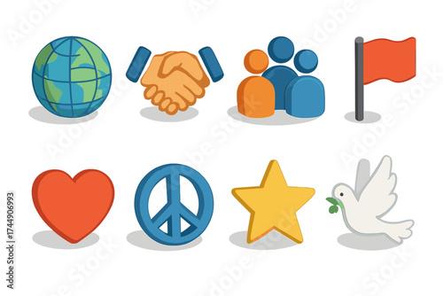 Global Unity Icons. Global Symbols set icons in flat vector style. Globe, handshake, people group, flag, heart, peace sign, star, dove