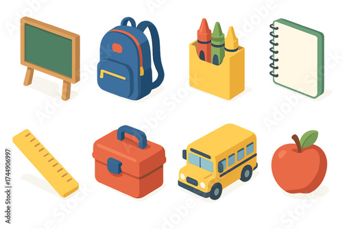 Isometric School Icons. Back to School set icons in flat vector style. Chalkboard, backpack, crayons, notebook, ruler, lunchbox, bus, apple