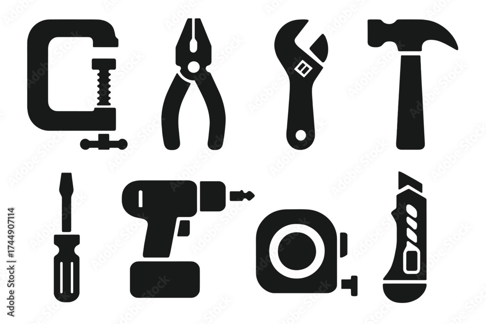Fototapeta premium DIY Repair Tools Icons. DIY Repair Tools set of icons silhouette. Clamp, pliers, adjustable wrench, hammer, screwdriver, drill, tape measure, utility knife