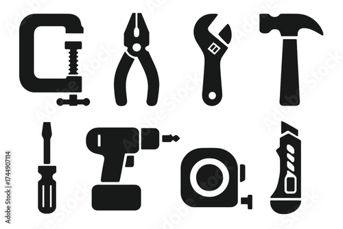 DIY Repair Tools Icons. DIY Repair Tools set of icons silhouette. Clamp, pliers, adjustable wrench, hammer, screwdriver, drill, tape measure, utility knife