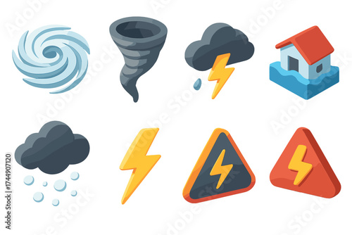 Isometric Storm Icons. Storm Set set icons in flat vector style. Hurricane, tornado, thundercloud, flood, hail, lightning, heavy rain, storm warning