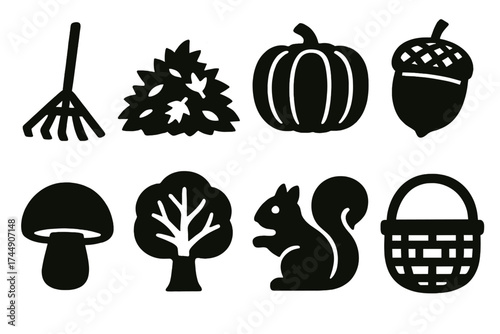 Brutalist Autumn Icons. Autumn Set set of icons silhouette. Rake, leaf pile, pumpkin, acorn, mushroom, tree, squirrel, basket
