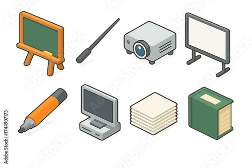 Teaching Tools Icons. Teaching Tools set icons in flat vector style. Chalkboard, pointer, projector, whiteboard, marker, computer, paper stack, textbook