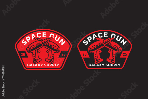 Space gun, Laser blaster retro badge logo vector design set for futuristic, galaxy, space explorer. Cosmonaut weapon, Sci fi gun vintage emblem patch logo graphic collection. vector illustration
