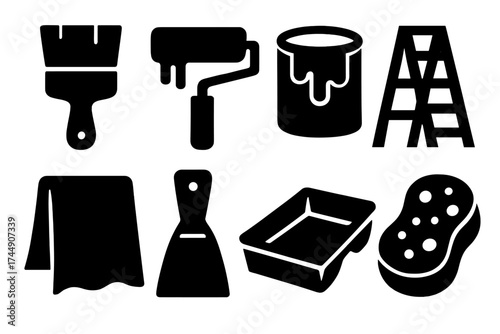 Bold Painting Icons. Painting Tools set of icons silhouette. Paintbrush, paint roller, paint bucket, ladder, drop cloth, scraper, paint tray, sponge
