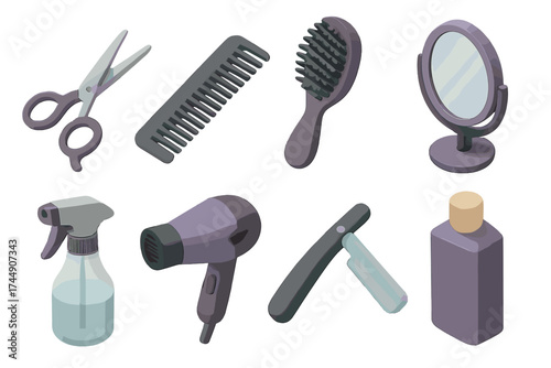 Hairdressing Tools Set. Hairdressing Icons set icons in flat vector style. Scissors, comb, hairbrush, mirror, spray bottle, hairdryer, razor, shampoo