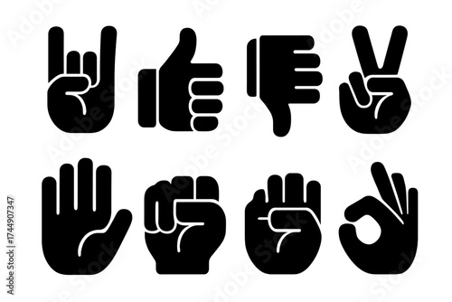 Bold Gesture Icons. Hand Gestures set of icons silhouette. Rock on sign, thumbs up, thumbs down, peace sign, high five, fist, open palm, OK gesture