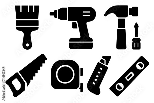 DIY Tool Icons. DIY Home Renovation set of icons silhouette. Paintbrush, drill, hammer, screwdriver, saw, tape measure, utility knife, level