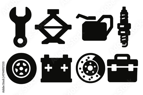 Brutalist Automotive Icons. Automotive Repair set of icons silhouette. Wrench, car jack, oil can, spark plug, tire, battery, brake disc, toolbox