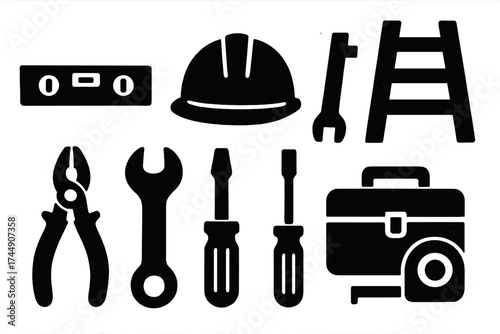 Bold Construction Icons. Construction Gear set of icons silhouette. Level, hard hat, ladder, toolbox, pliers, wrench, screwdriver, tape measure