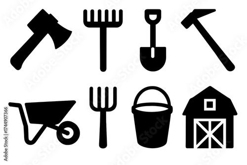 Bold Farm Tool Icons. Farm Tools set of icons silhouette. Axe, rake, shovel, hoe, wheelbarrow, pitchfork, bucket, barn