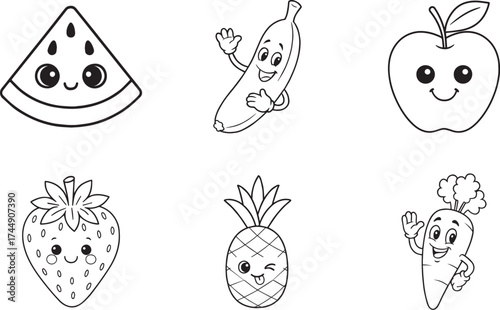 Cartoon Fruit and Vegetable Characters with Expressive Faces and Gestures
