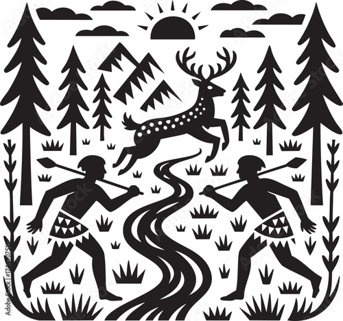 Black and white forest scene with hunters deer and rising sun