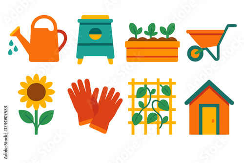 Vibrant Garden Illustrations. Community garden in modern flat. Watering can, compost bin, raised garden bed, wheelbarrow, sunflower, garden gloves, trellis with vines, garden shed