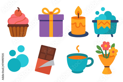 Cozy Pamper Icons. Treat yourself in modern flat. Cupcake, wrapped gift, candle, cozy blanket, bath bubbles, chocolate bar, tea cup, flower bouquet.